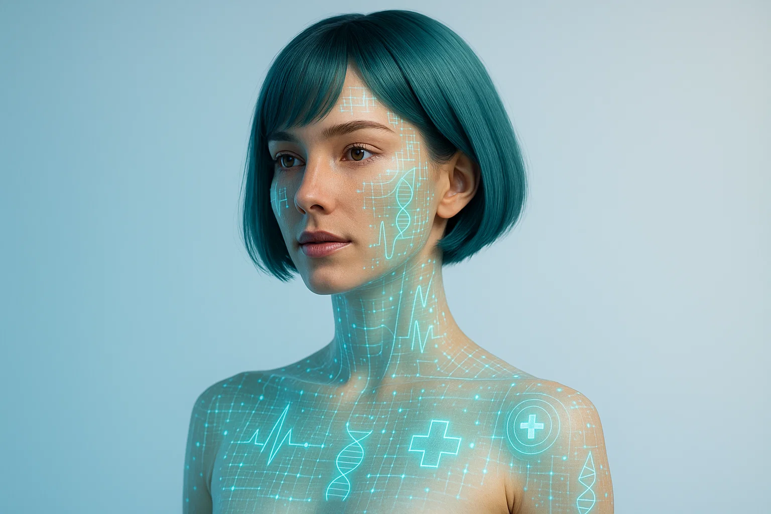 A futuristic 3D female character with a short teal bob haircut, standing against a clean gradient background in medical blue and white tones. Her skin has a blend of normal human texture and glowing digital patterns that resemble medical scans, neural networks, and biometric data instead of reptilian scales. The digital patterns should glow in soft cyan, turquoise, and white to represent healthcare technology. Her makeup is subtle, with natural lips or light gloss instead of dark gothic lipstick, to create a more professional medical tone. On parts of her skin, glowing holographic icons appear, such as heartbeat lines, DNA strands, and medical cross symbols, representing digital marketing in healthcare. The overall mood should combine high-tech innovation with medical trust and care, blending cyberpunk aesthetics with modern medical branding.