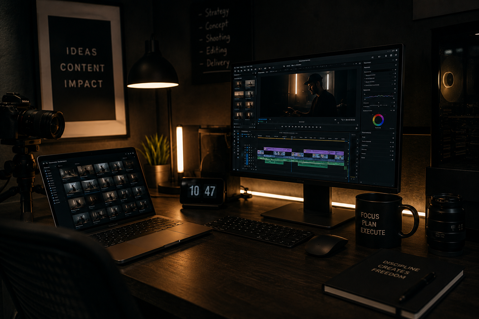 Cinematic video editing workspace with camera setup and content production tools