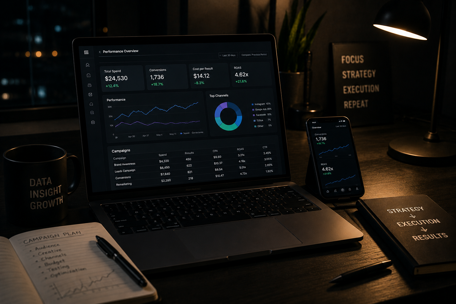 Creative strategy workspace with branding notes and digital planning setup
